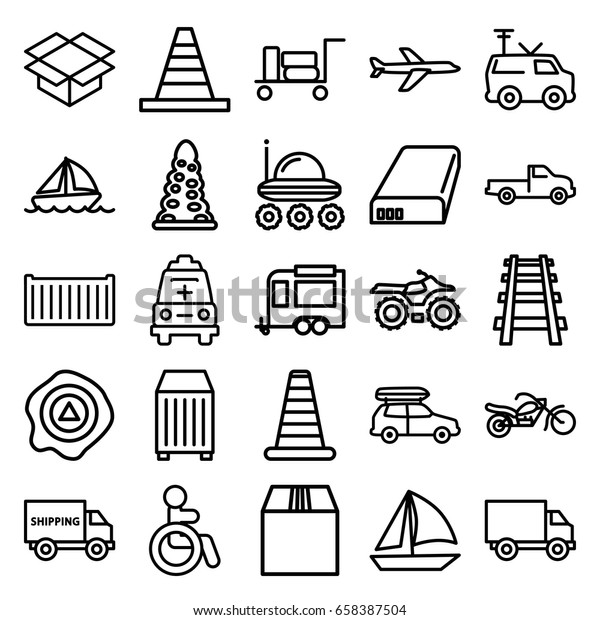 Transportation icons set. set\
of 25 transportation outline icons such as luggage, disabled, cone\
barrier, car, tunnel, cone, trailer, cargo box, box, arrow up,\
cargo container