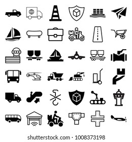 Transportation icons. set of 36 editable filled and outline transportation icons such as car, airport bus, escalator up, cone barrier, cargo wagon, cargo ship