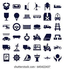 Transportation icons set. set of 36 transportation filled icons such as tank, airport bus, parking, plane, parcel, airport tower, helm, car wash, cart cargo, cargo box