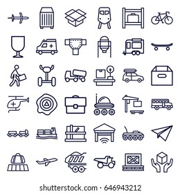 Transportation icons set. set of 36 transportation outline icons such as luggage belt, train, truck with luggage, luggage storage, tank, parcel, road, concrete mixer, truck
