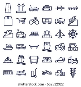 Transportation icons set. set of 36 transportation outline icons such as runway, taxi, luggage belt, airport bus, forklift, truck with luggage, wheel barrow, helm