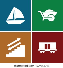 transportation icons set. Set of 4 transportation filled icons such as sailboat, wheelbarrow, cargo wagon