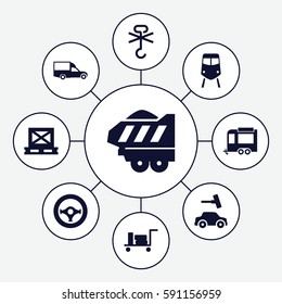 transportation icons set. Set of 9 transportation filled icons such as luggage, train, car wash, van, trailer, cargo on palette, no cargo warning, cargo trailer
