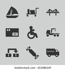 Transportation icons set. set of 9 transportation filled icons such as luggage, disabled, truck with hook, sailboat, bridge, skate board, object move, shipping truck