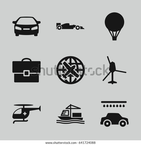 Transportation icons set. set of 9 transportation\
filled icons such as plane, car wash, car, cargo ship, medical\
helicopter, sport car, air balloon,\
case
