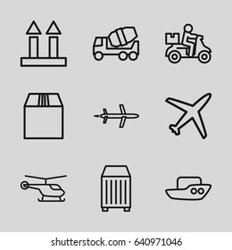 Transportation icons set. set of 9 transportation outline icons such as helicopter, boat, concrete mixer, cargo arrow up, cargo container, plane