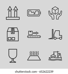Transportation icons set. set of 9 transportation outline icons such as tractor, cargo arrow up, fragile cargo, handle with care, luggage scan, broken battery