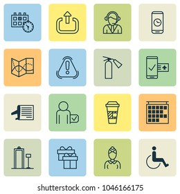 Transportation icons set with airline schedule, exclamation danger, travel map and other globetrotter elements. Isolated vector illustration transportation icons.