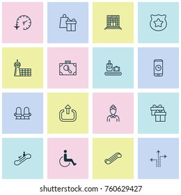 Transportation Icons Set With Briefcase Scanner, Airfield Manufacture, Escalator Down And Other Shopping Elements. Isolated Vector Illustration Transportation Icons.