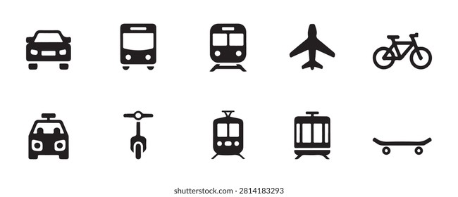 Transportation icons set car bus train airplane bicycle scooter tram skateboard.
