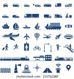Transportation icons set - cars, ships, planes, trains and other vehicles vector collection