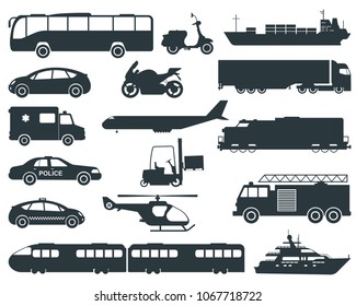 Transportation icons set. City cars and vehicles transport. Car, ship, airplane, train, motorcycle, helicopter. Silhouettes. Vector illustration