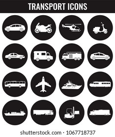 Transportation icons set. City cars and vehicles transport. Car, ship, airplane, train, motorcycle, helicopter. Silhouettes. Vector illustration