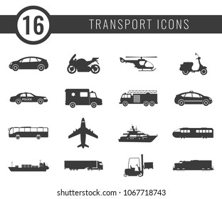 Transportation icons set. City cars and vehicles transport. Car, ship, airplane, train, motorcycle, helicopter. Silhouettes. Vector illustration