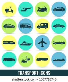 Transportation icons set. City cars and vehicles transport. Car, ship, airplane, train, motorcycle, helicopter. Silhouettes. Vector illustration