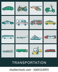 Transportation icons set. City cars and vehicles transport. Car, ship, airplane, train, motorcycle, helicopter. Outline icons. Vector illustration