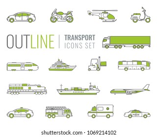 Transportation icons set. City cars and vehicles transport. Car, ship, airplane, train, motorcycle, helicopter. Outline icons. Vector illustration