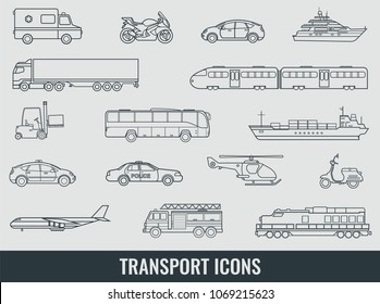 Transportation icons set. City cars and vehicles transport. Car, ship, airplane, train, motorcycle, helicopter. Outline icons. Vector illustration