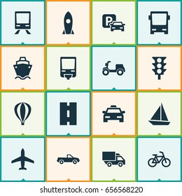 Transportation Icons Set. Collection Of Aircraft, Cab, Spaceship And Other Elements. Also Includes Symbols Such As Rocket, Moped, Railroad.