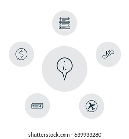 Transportation Icons Set. Collection Of Airport Card, Money Trasnfer, Plane Schedule And Other Elements. Also Includes Symbols Such As Airport, Info, Pointer.