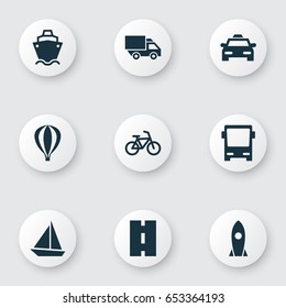 Transportation Icons Set. Collection Of Airship, Omnibus, Yacht And Other Elements. Also Includes Symbols Such As Tanker, Air, Spaceship.