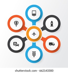 Transportation Icons Set. Collection Of Airship, Stoplight, Spaceship And Other Elements. Also Includes Symbols Such As Light, Air, Airplane.