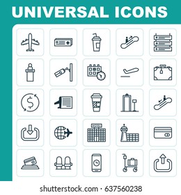 Transportation Icons Set. Collection Of Appointment, Airport Building, Plane Schedule And Other Elements. Also Includes Symbols Such As Service, Chairs, Down.