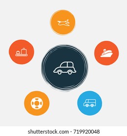 Transportation Icons Set. Collection Of Auto Car, Lifebuoy, Travel Boat And Other Elements. Also Includes Symbols Such As Baggage, Lifebuoy, Shipping.
