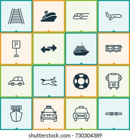 Transportation Icons Set. Collection Of Auto Car, Cruise, Vehicle And Other Elements. Also Includes Symbols Such As Seatbelt, Pointer, Plane.