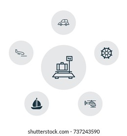 Transportation Icons Set. Collection Of Auto Car, Sailboat, Baggage And Other Elements. Also Includes Symbols Such As Airplane, Vehicle, Rudder.