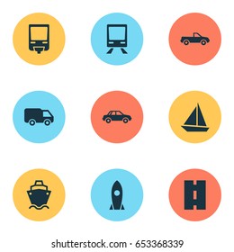 Transportation Icons Set. Collection Of Automobile, Railroad, Truck And Other Elements. Also Includes Symbols Such As Camion, Cabriolet, Truck.