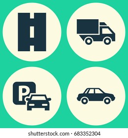 Transportation Icons Set. Collection Of Automobile, Van, Way And Other Elements. Also Includes Symbols Such As Auto, Sign, Way.