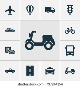 Transportation Icons Set. Collection Of Automobile, Airship, Skooter And Other Elements. Also Includes Symbols Such As Automobile, Truck, Motorbike.