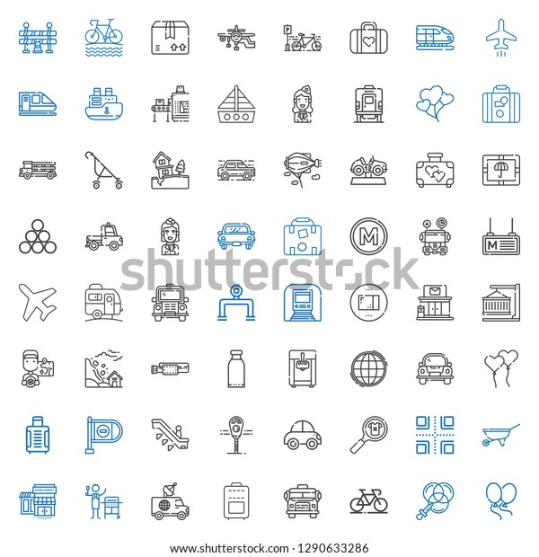 transportation icons set.\
Collection of transportation with balloons, color, bicycle, school\
bus, suitcase, van, gas, supermarkets. Editable and scalable\
transportation\
icons.