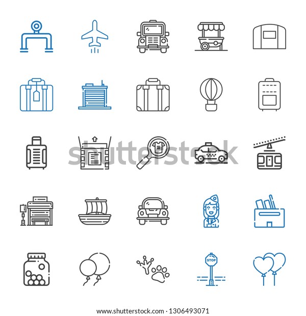 transportation icons\
set. Collection of transportation with balloons, stop sign,\
footprint, cones, box, stewardess, car, trireme, bus stop. Editable\
and scalable transportation\
icons.