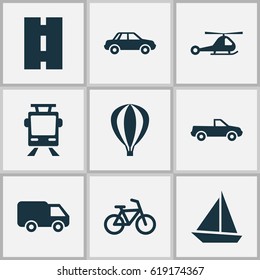 Transportation Icons Set. Collection Of Bicycle, Airship, Way And Other Elements. Also Includes Symbols Such As Yacht, Camion, Truck.