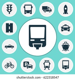 Transportation Icons Set. Collection Of Bicycle, Cabriolet, Tanker And Other Elements. Also Includes Symbols Such As Cargo, Auto, Camion.