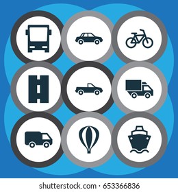 Transportation Icons Set. Collection Of Bicycle, Omnibus, Truck And Other Elements. Also Includes Symbols Such As Velocipede, Auto, Air.