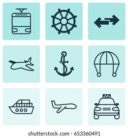 Transportation Icons Set. Collection Of Boat Helm, Anchor, Plane And Other Elements. Also Includes Symbols Such As Subway, Aircraft, Travel.