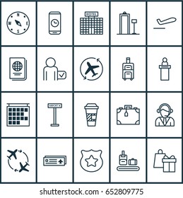 Transportation Icons Set. Collection Of Briefcase Scanner, Airport Card, Operator And Other Elements. Also Includes Symbols Such As Suitcase, Time, Phone.