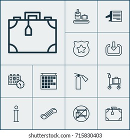 Transportation Icons Set. Collection Of Briefcase Scanner, Departure Information, Suitcase And Other Elements. Also Includes Symbols Such As Sprinkler, Trolley, Informative.