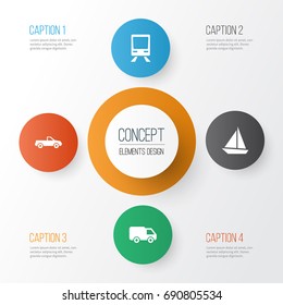 Transportation Icons Set. Collection Of Cabriolet, Railway, Yacht And Other Elements. Also Includes Symbols Such As Camion, Boat, Truck.
