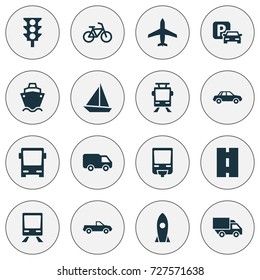 Transportation Icons Set. Collection Of Cabriolet, Aircraft, Streetcar And Other Elements. Also Includes Symbols Such As Cargo, Autobus, Aircraft.