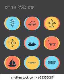Transportation Icons Set. Collection Of Cargo Cart, Safety Belt, Vehicle And Other Elements. Also Includes Symbols Such As Jet, Lights, Bus.