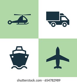 Transportation Icons Set. Collection Of Chopper, Van, Aircraft And Other Elements. Also Includes Symbols Such As Camion, Truck, Tanker.