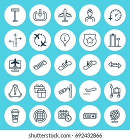 Transportation Icons Set. Collection Of Hostess, Stair Lift, Video Surveillance And Other Elements. Also Includes Symbols Such As Police, Takeoff, Worldwide.