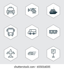 Transportation Icons Set. Collection Of Lorry, College Transport, Cruise And Other Elements. Also Includes Symbols Such As Aircraft, Train, Plane.