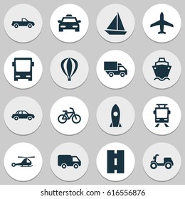 Transportation Icons Set. Collection Of Omnibus, Truck, Aircraft And Other Transportation Icons Elements. Also Includes Symbols Such As Tram, Yacht, Road.