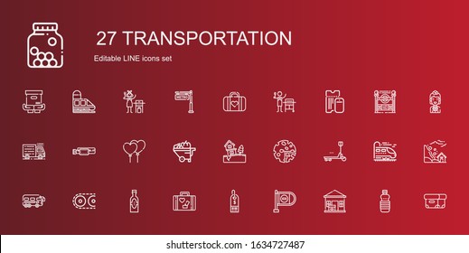 transportation icons set. Collection of transportation with package delivered, wrong way, supermarket, luggage, products, conveyor. Editable and scalable transportation icons.