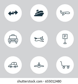Transportation Icons Set. Collection Of Plane, Roadsign, Travel Boat And Other Elements. Also Includes Symbols Such As Trolley, Parking, Car.